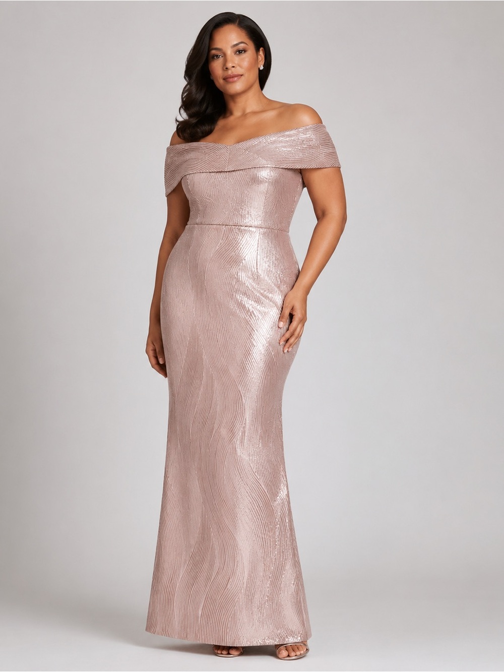 NWT Teri Jon rose gold striped jacquard off shoulder maxi dress size 16 wedding